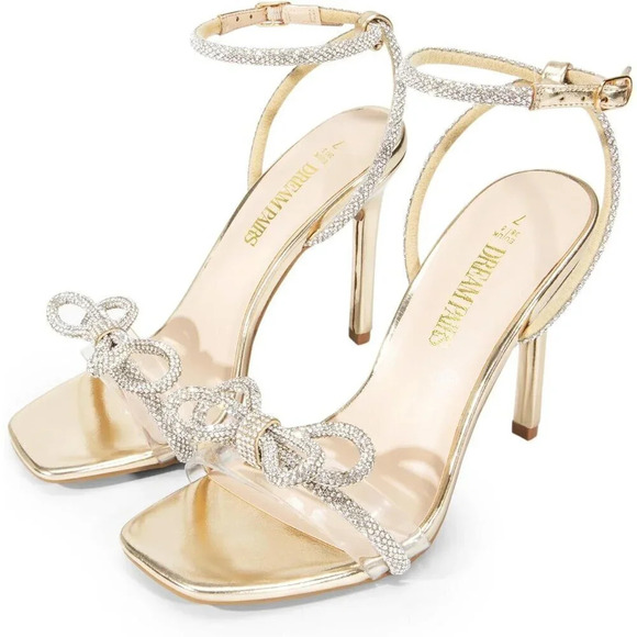 Women's Gold Double Bowknots Crystal Sandals Clear Slingback Heels - Picture 2 of 7